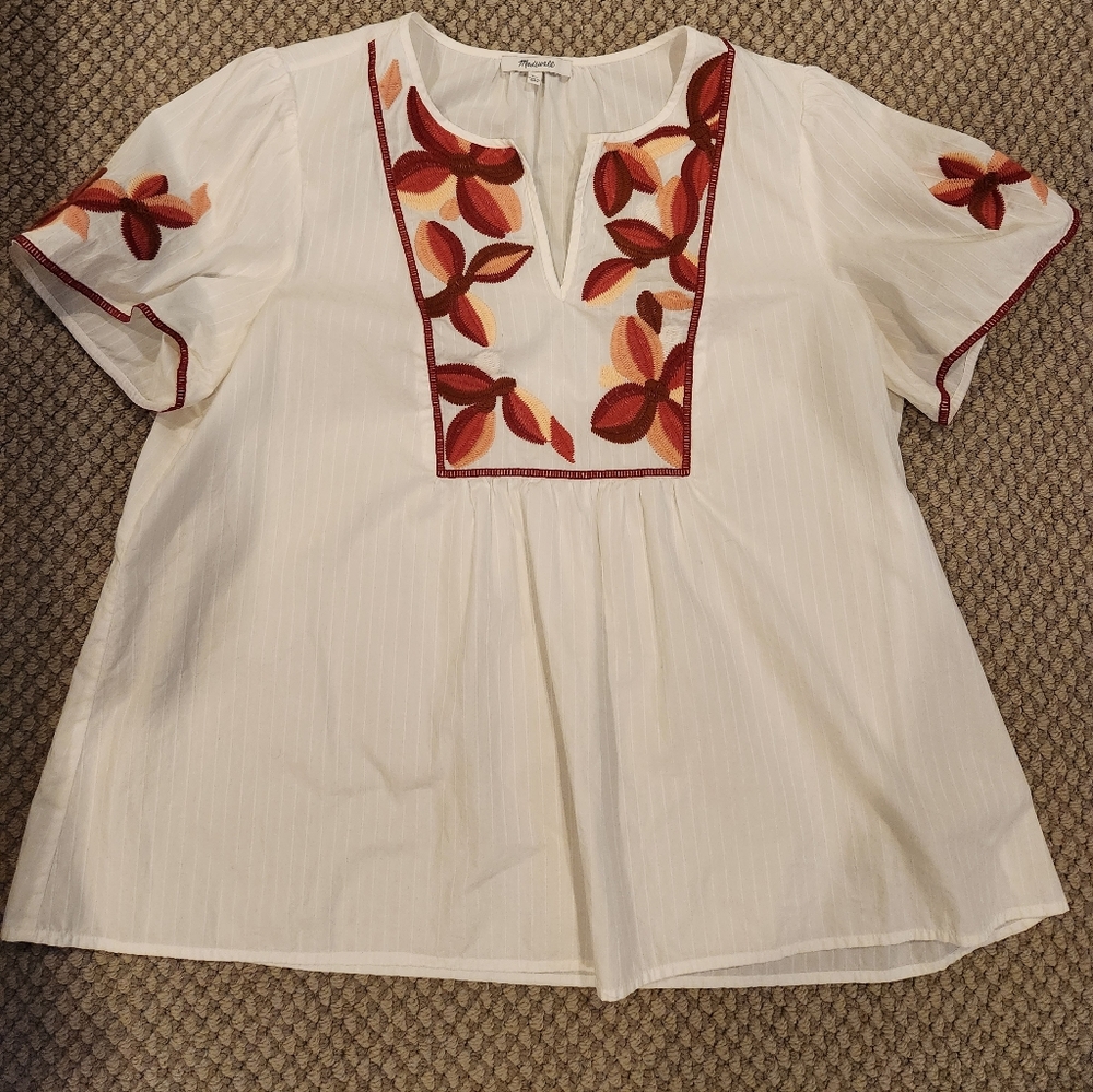 Madewell White Striped Blouse with Floral Embroidery Sz XL